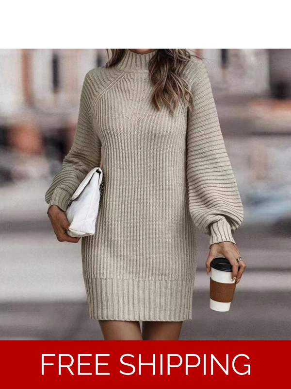Mock Neck Lantern Sleeve Sweater Dress